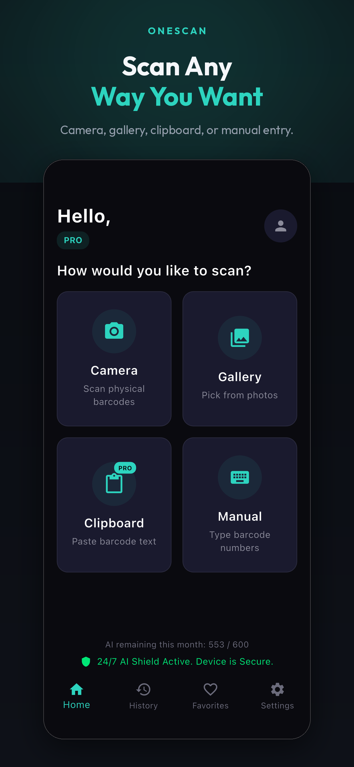 OneScan QR scanner app screenshot